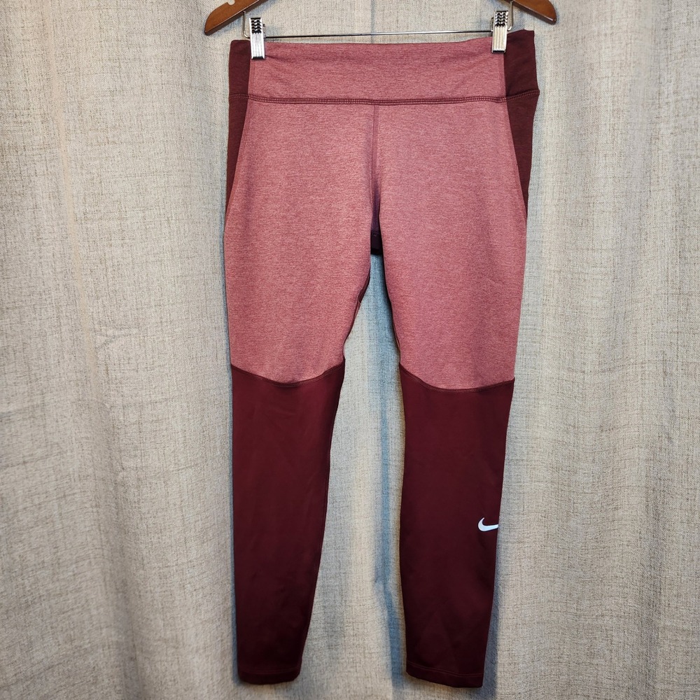 Nike Dri-FIT Running Leggings Women's L Burgundy Colorblock Ankle Zipper Pocket‎